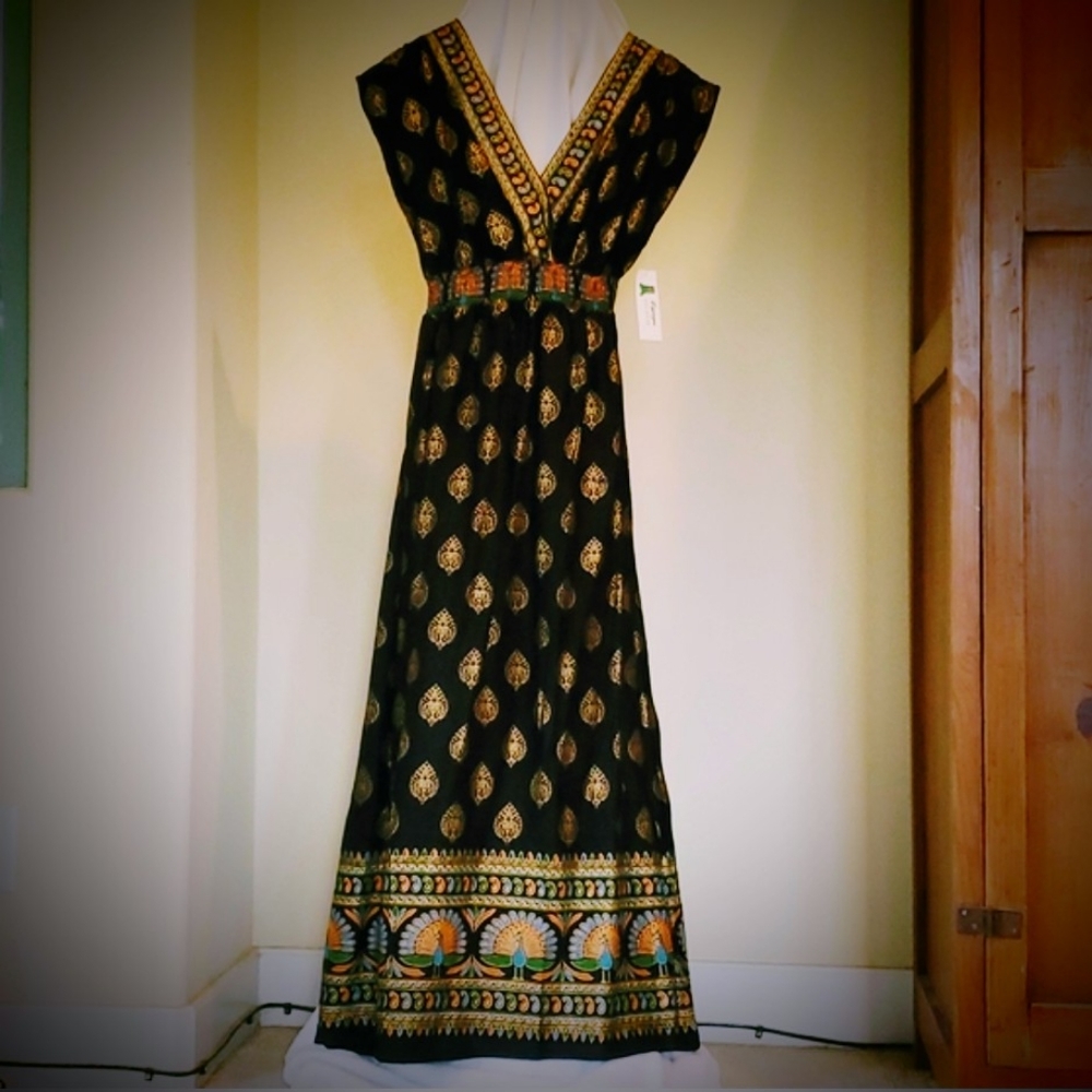 Beautiful black, gold, teal and orange summer maxi dress.